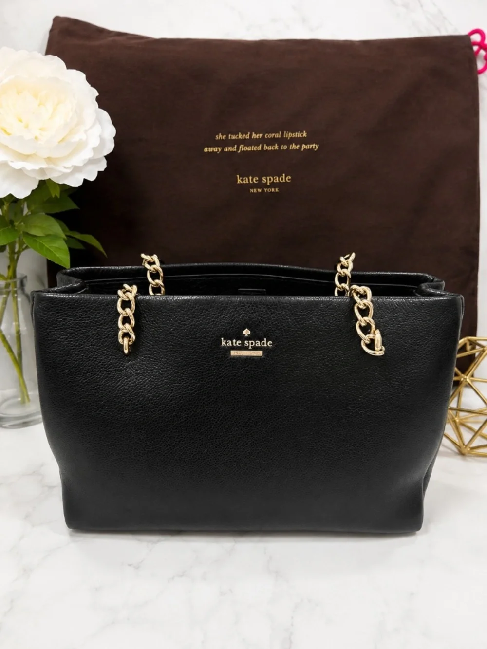 Kate Spade New York Black Pebbled Leather Tote w/ Gold Chain Handles & Dust Bag